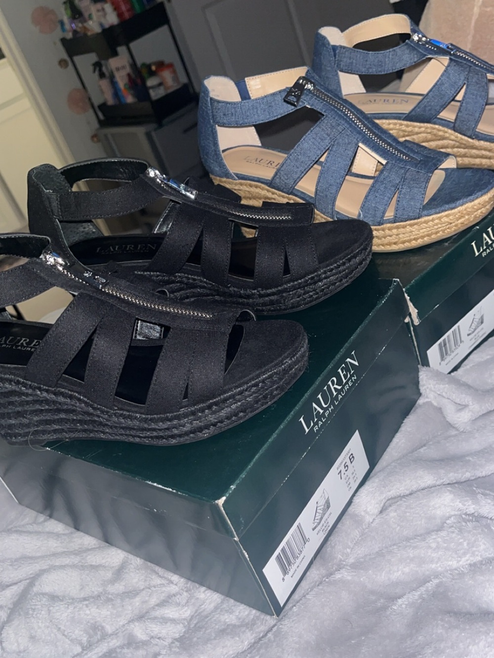 Polo by Ralph Lauren Black and Blue Espadrille Wedge Sandals